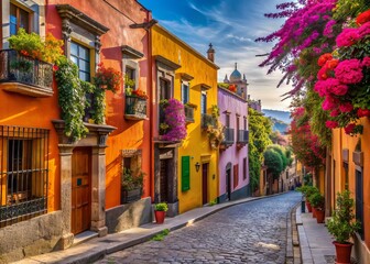 Obraz premium Vibrant colonial architecture lines cobblestone streets, adorned with blooming flowers, ornate balconies, and brightly colored facades, showcasing San Miguel de Allende's charming Mexican heritage.