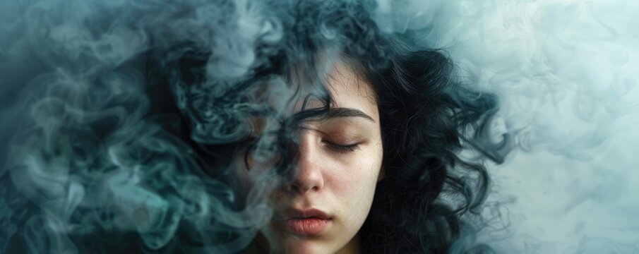 negative thaughts, woman black hair transforming into smoke