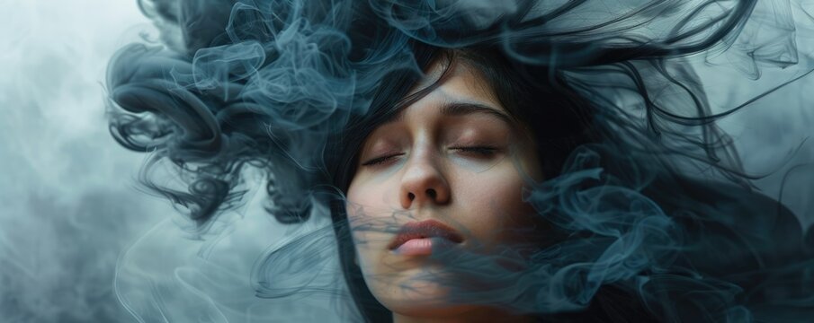 negative thaughts, woman black hair transforming into smoke