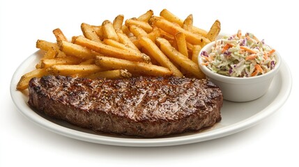 Delicious grilled steak with fries and coleslaw