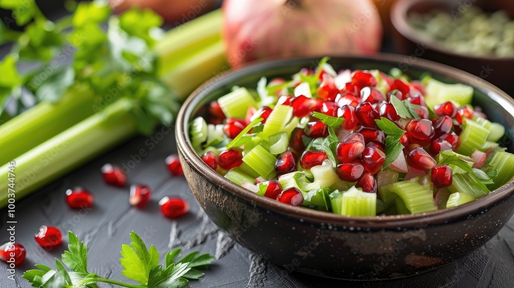 Poster bowl of salad with celery parsley and pomegranate seeds on the table
