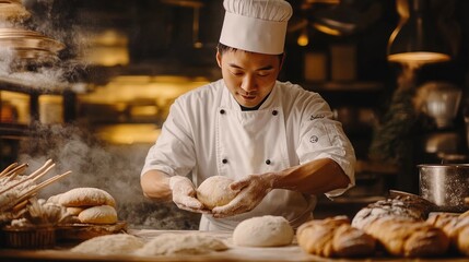 Artisan Baker Preparing Fresh Dough in Bakery Setting
