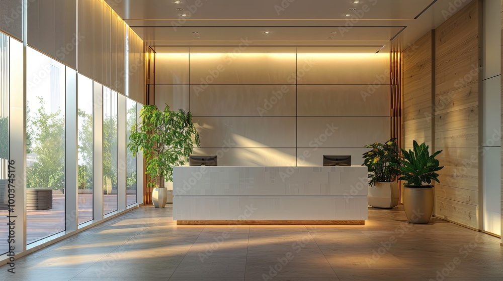 Aufkleber Reception desk in a corridor with large panoramic window with wide shades and rectangular pattern