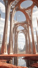 Futuristic cathedral with lake