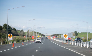 Roadworks on Waikato Expressway. Speed limit reduced from 110 km/h to 80 km/h. North Island. New Zealand.