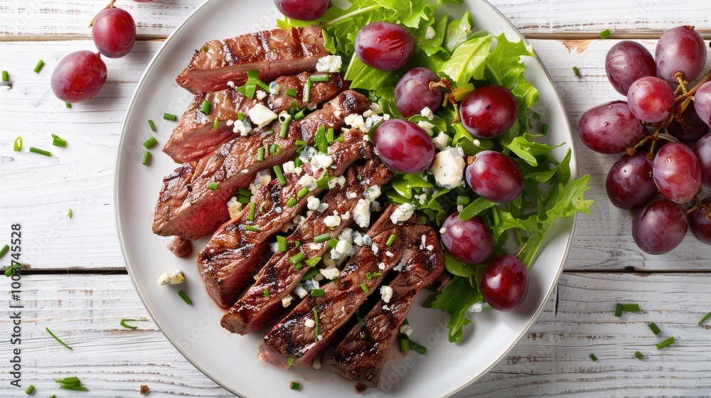 Poster roast beef steak served with salad of red grape crumbled blue mold cheese and chives on plate on whi