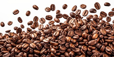 Naklejka premium Coffee beans cascade downwards in slow motion, scattered against a transparent background, showcasing their unique shapes and rich brown colors in high-definition detail.