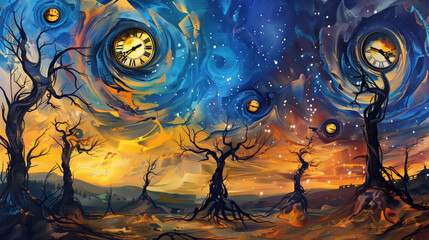 Surreal Landscape with Floating Clocks and Trees