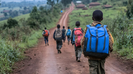 School Children Walking on a Dirt Road with Backpacks
