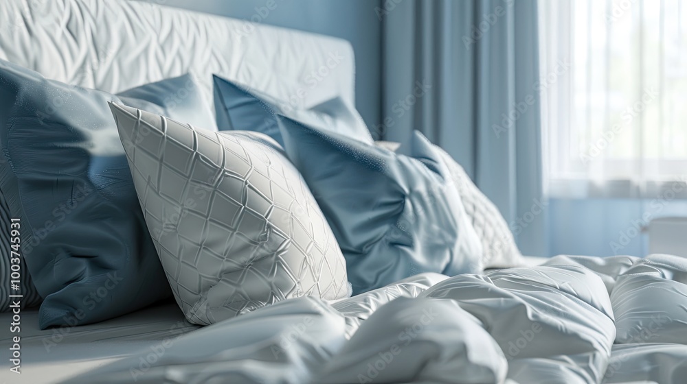 Poster blue pillows setting on white color scheme bedding