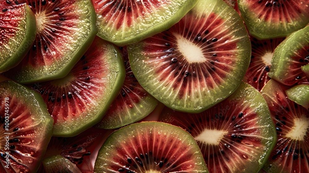 Poster close up of slices of red kiwi fruit slices from above