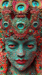  A woman's face with various colorful circles surrounding her eyes