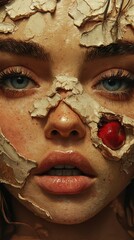  A woman's face with a paper pressed against it, concealing part of it A red nostril visible from the nose poking out