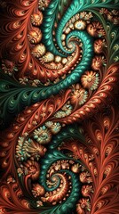  A Swirly pattern in red, blue, green, and orange hues against a black backdrop ..Or, for a more descriptive version: