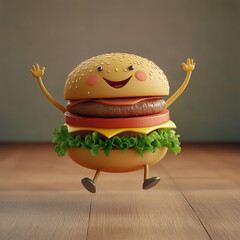 3D rendering of a dancing burger for burger ads