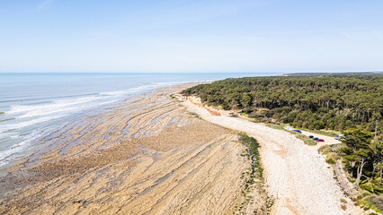 Drone view of Ragounite beach in Jard sur Mer, Vendee, France on a spring day