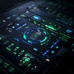 Fototapeta premium Futuristic high-tech user interfaces with glowing neon elements, advanced control panels, and holographic visuals in green, blue, and orange hues, ideal for sci-fi, cyberpunk, and tech-themed designs