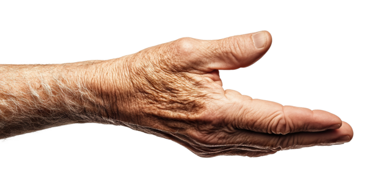 Extended hand of an elderly man in a gesturing pose, isolated on transparent cutout background