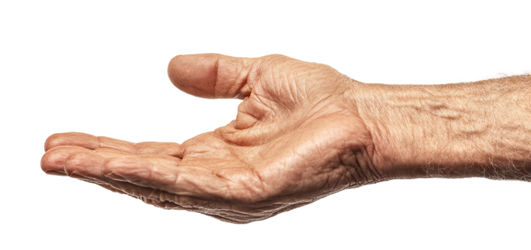 Extended hand of an elderly man in a gesturing pose, isolated on transparent cutout background