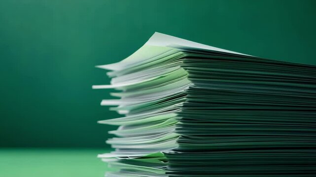 Stack of papers is standing on a green background, perfect for chroma keying and creating custom backgrounds or adding visual elements