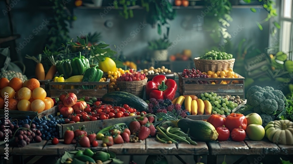 Poster fresh produce a vibrant photo showcasing an array of colorful fruits and vegetables arranged on a wo