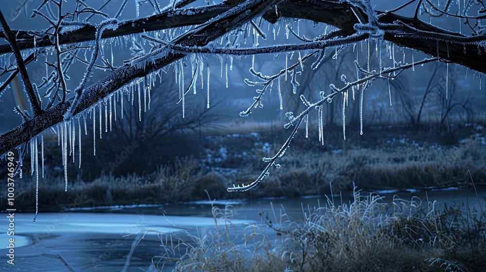 Poster an isolated shot of a winter tree branch with a coating of frost and long icicles hanging from it in