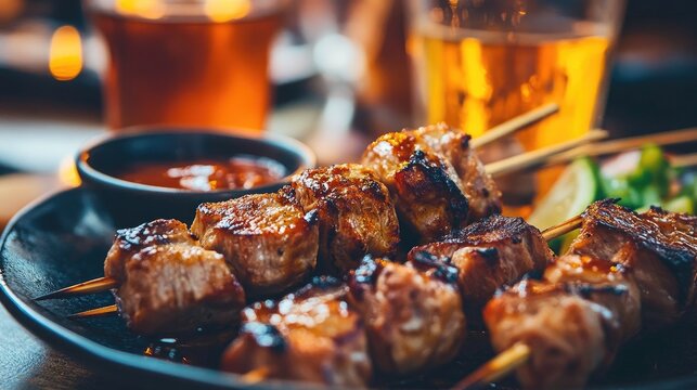 Savory Grilled Skewers with Sauce and Drink