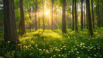 Peaceful woodland landscape in early spring, vibrant green undergrowth, scattered wildflowers, golden sunlight streaming through the trees