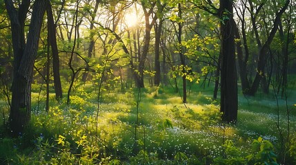 Obraz premium Peaceful woodland landscape in early spring, vibrant green undergrowth, scattered wildflowers, golden sunlight streaming through the trees