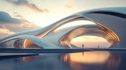 Obraz premium A futuristic architectural design featuring flowing forms and reflective surfaces at sunset.