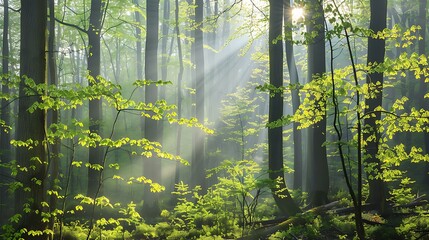 Fototapeta premium Quiet forest in spring, sunlight shining through a misty atmosphere, highlighting the vibrant green leaves and peaceful woodland scene