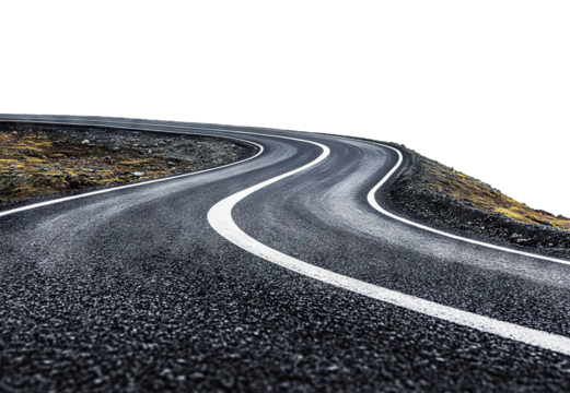Winding asphalt road with white lane markings, isolated on transparent cutout background