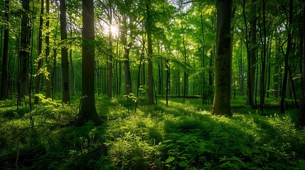 Obraz premium Serene forest scene during springtime, lush green foliage, tall trees, bright sunbeams filtering through the canopy, illuminating the soft forest floor