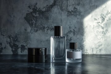 Elegant display of men's fragrance and skincare products on a textured surface