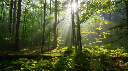 Fototapeta premium Serene forest scene during springtime, lush green foliage, tall trees, bright sunbeams filtering through the canopy, illuminating the soft forest floor