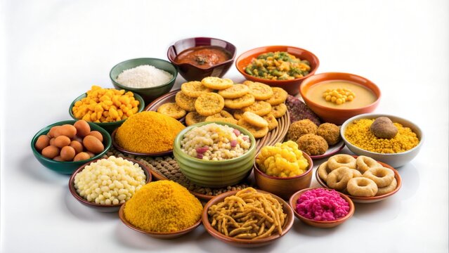 Stock Photo of Diwali Food: Diwali Snacks and Sweets Including Anarsa, Bakarwadi, Chakli, Sev, Bhujia, Shankar Pale, Chivda, and Karanji&mdash;Favorite Indian Diwali Recipes






