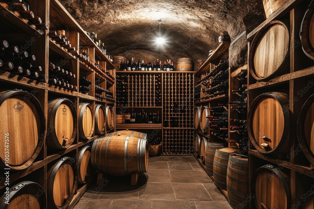 Poster Explore a rustic wine cellar filled with wooden barrels and neatly stacked wine bottles in an atmospheric underground space. Generative AI
