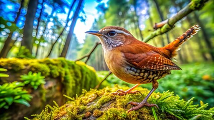 A graceful wren resting delicately on a branch, nestled among vibrant greenery in its natural habitat, embodying the