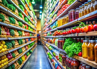 Fototapeta premium A lively grocery aisle features a variety of fresh fruits and vegetables alongside canned goods and everyday household