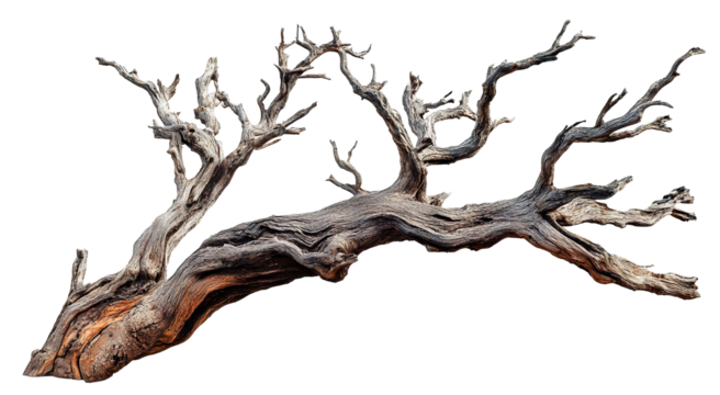 Old dry tree branch, isolated on transparent cutout background