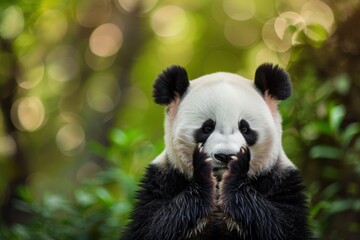 Obraz premium Cute Panda with Closed Eyes Holding Its Paws Together