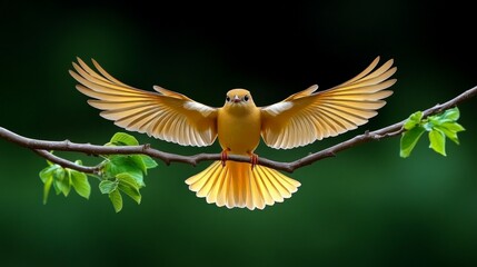 Golden Bird in Flight: A vibrant yellow bird with outstretched wings perched on a branch, ready to take flight against a lush green backdrop.  A captivating moment of freedom and natural beauty. 