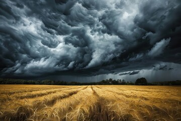 Dark Overcast Clouds Rolling Over a Golden Field