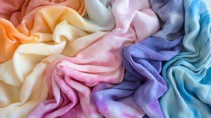 Obraz premium Colorful silk fabric with a tie-dye pattern in various hues, top view