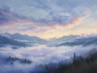Misty Clouds Over Serene Mountain Landscape