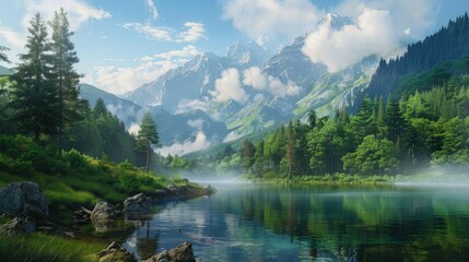 landscape with mountains forest and a river in front beautiful scenery