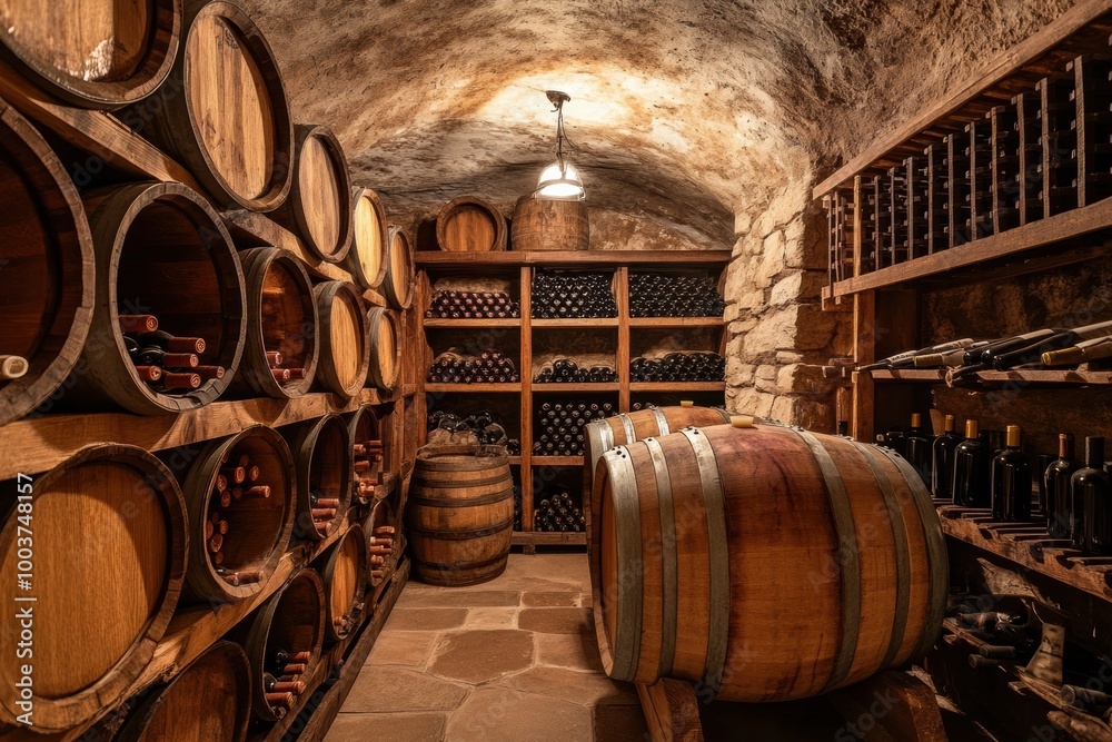 Poster Exploring a rustic wine cellar with wooden barrels and shelves filled with carefully stored wine bottles. Generative AI