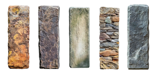 Set of vertical rectangular stone signboards with textured surfaces, isolated on transparent cutout background