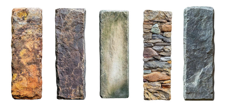 Set of vertical rectangular stone signboards with textured surfaces, isolated on transparent cutout background