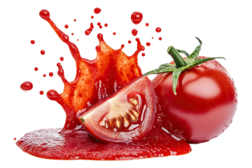 Ripe tomatoes with vibrant sauce splash, isolated on transparent cutout background